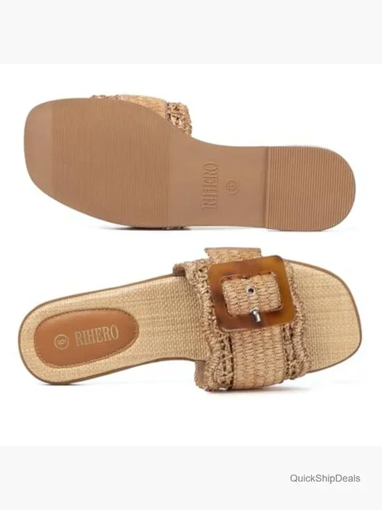 Raffia Flat Sandals Square Toe Slide Slip On Summer Beach - Picture 6 of 7